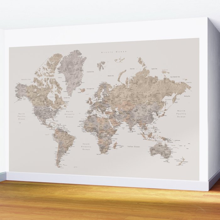World map with cities in brown and light gray Wall Mural Gallery Image 2