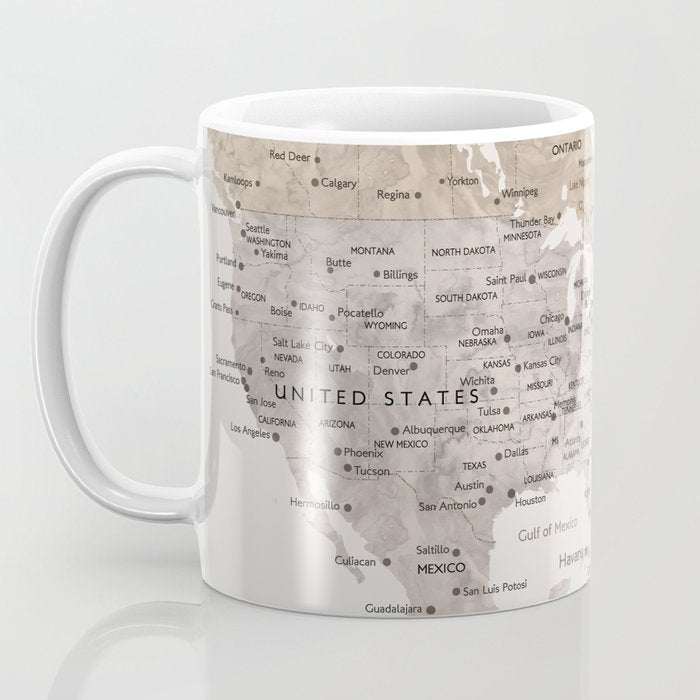 World map with cities in brown and light gray Coffee Mug Gallery Image 3