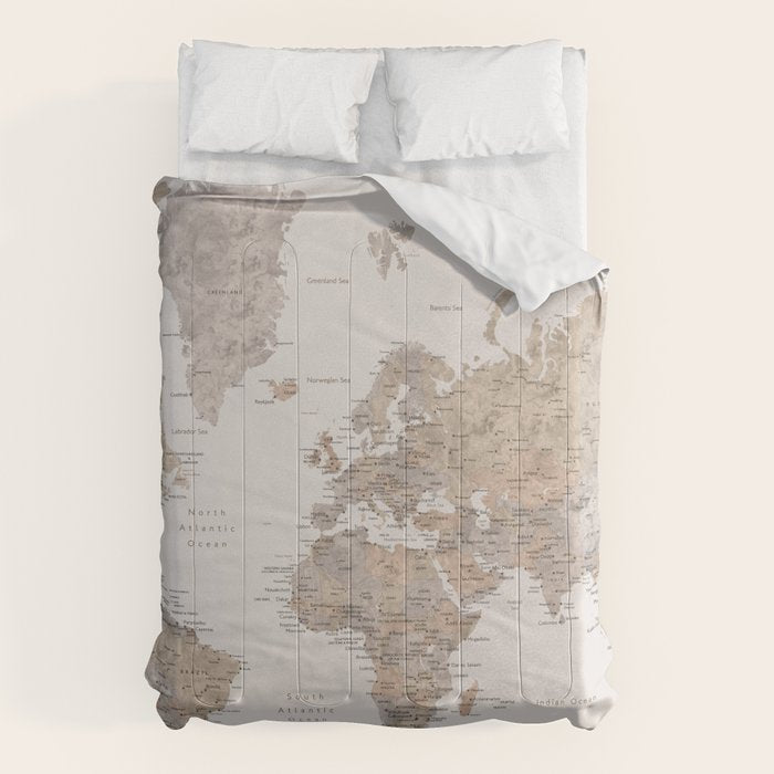 World map with cities in brown and light gray Comforter Gallery Image 6