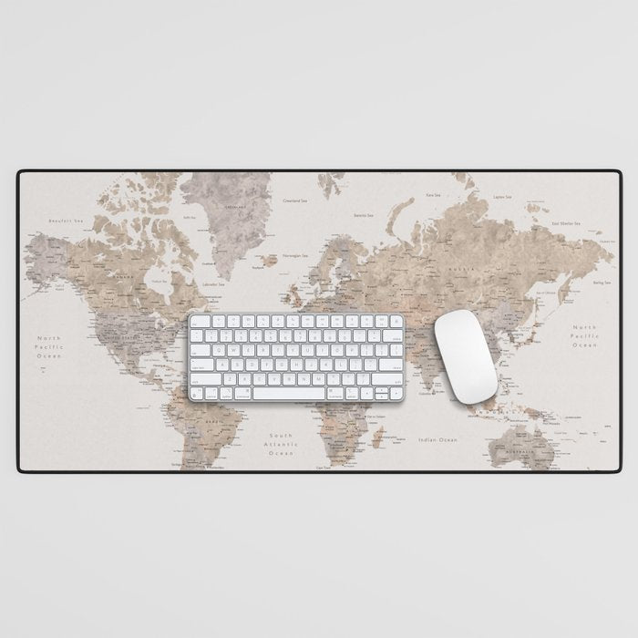 World map with cities in brown and light gray Desk Mat Gallery Image 1