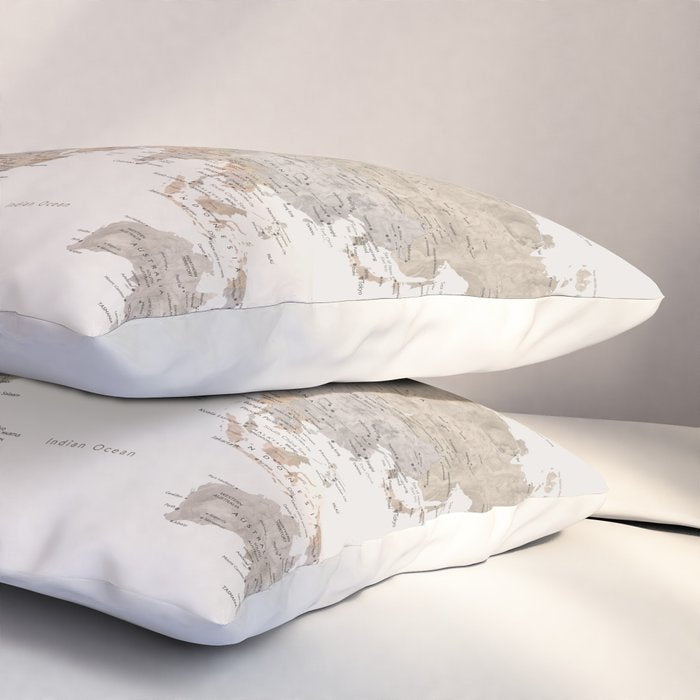 World map with cities in brown and light gray Pillow Sham Gallery Image 3