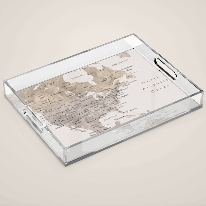 World map with cities in brown and light gray Acrylic Tray Gallery Image 1
