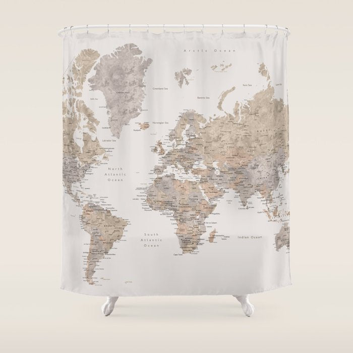 World map with cities in brown and light gray Shower Curtain Gallery Image 1