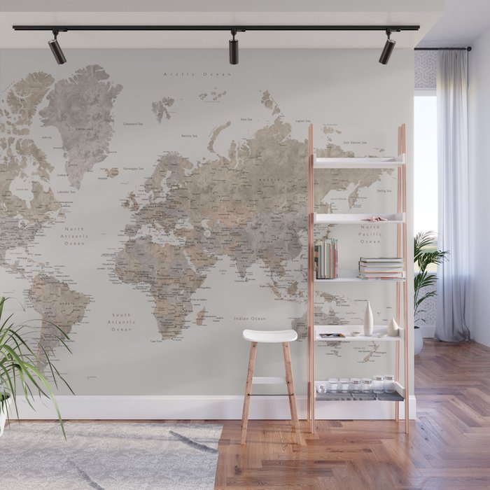 World map with cities in brown and light gray Wall Mural Gallery Image 1