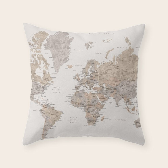 World map with cities in brown and light gray Throw Pillow Gallery Image 6