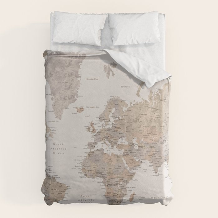 World map with cities in brown and light gray Duvet Cover Gallery Image 1