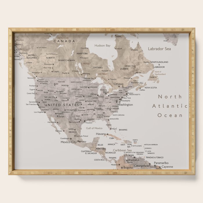 World map with cities in brown and light gray Serving Tray Gallery Image 1