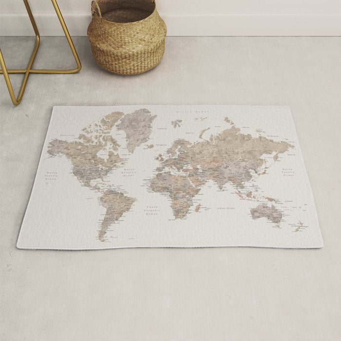 World map with cities in brown and light gray Rug Gallery Image 1
