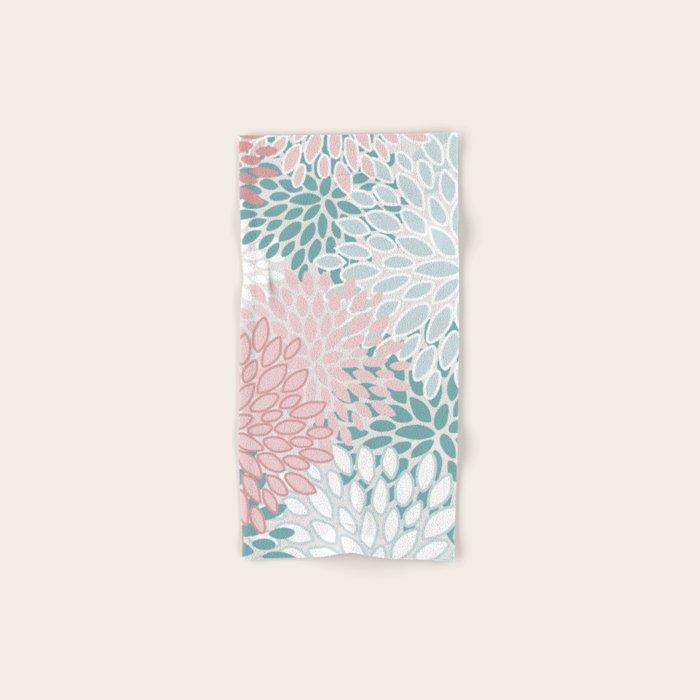 Floral Bloom, Teal, Green, Pink and White Hand & Bath Towel Gallery Image 1