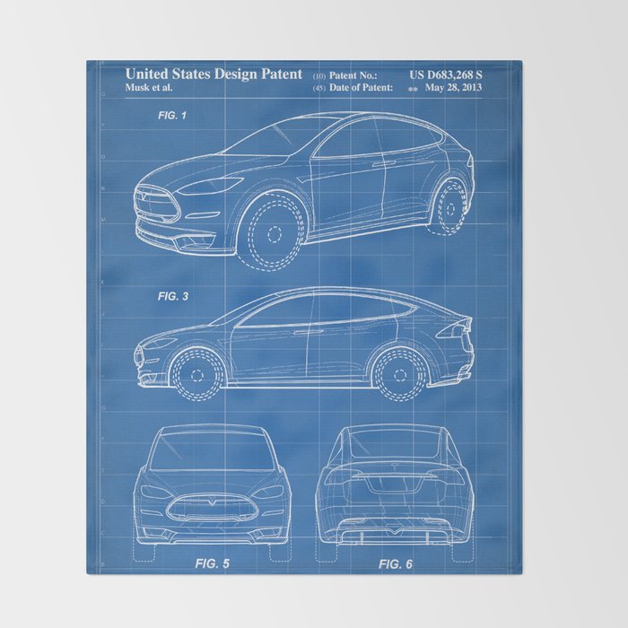 Tesla Model S Patent - Tesla Art - Blueprint Throw Blanket Gallery Image 2