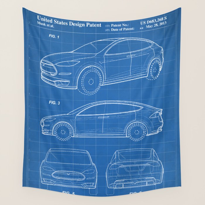Tesla Model S Patent - Tesla Art - Blueprint Wall Tapestry Gallery Image 4