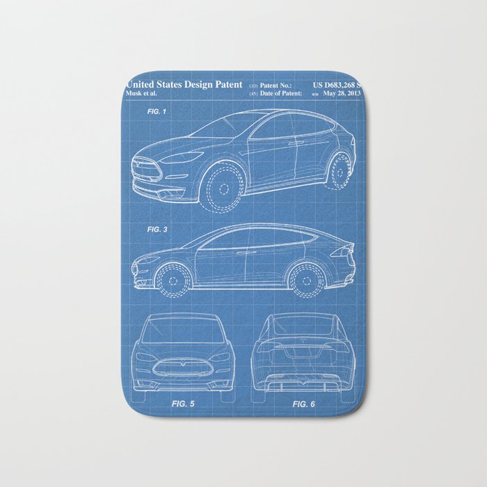 Tesla Model S Patent - Tesla Art - Blueprint Bath Mat Gallery Image 1