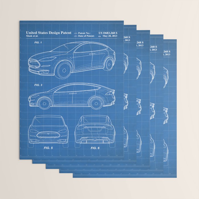 Tesla Model S Patent - Tesla Art - Blueprint Wrapping Paper Gallery Image 3