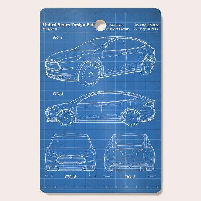 Tesla Model S Patent - Tesla Art - Blueprint Cutting Board Gallery Image 1