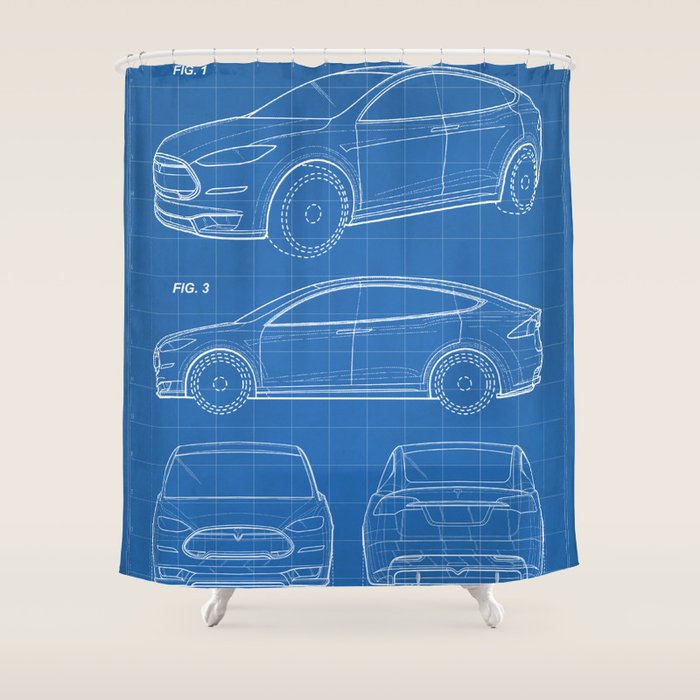 Tesla Model S Patent - Tesla Art - Blueprint Shower Curtain Gallery Image 1