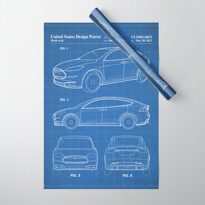 Tesla Model S Patent - Tesla Art - Blueprint Wrapping Paper Gallery Image 1
