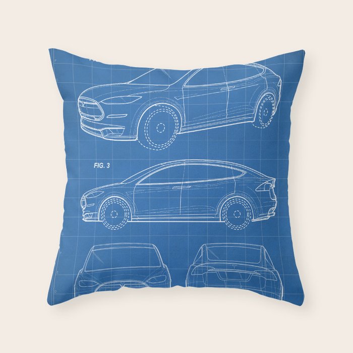 Tesla Model S Patent - Tesla Art - Blueprint Throw Pillow Gallery Image 1