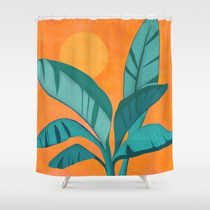 Island Sunset with Banana Tree Shower Curtain Gallery Image 1