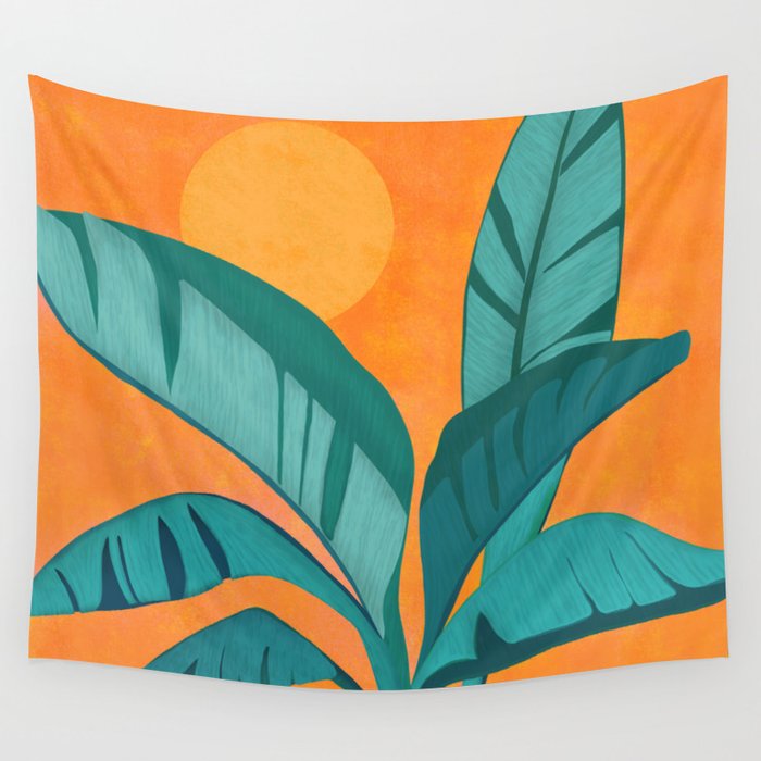 Island Sunset with Banana Tree Wall Tapestry Gallery Image 1