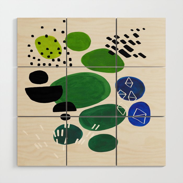 Fun Abstract Minimalist Mid Century Modern Colorful Shapes Lime Green Blue Watercolor Bubbles Wood Wall Art Gallery Image 1