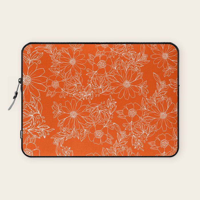 Hand drawn white bright orange modern floral Laptop Sleeve Gallery Image 1