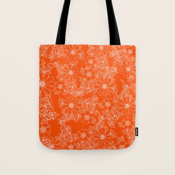 Hand drawn white bright orange modern floral Tote Bag Gallery Image 1