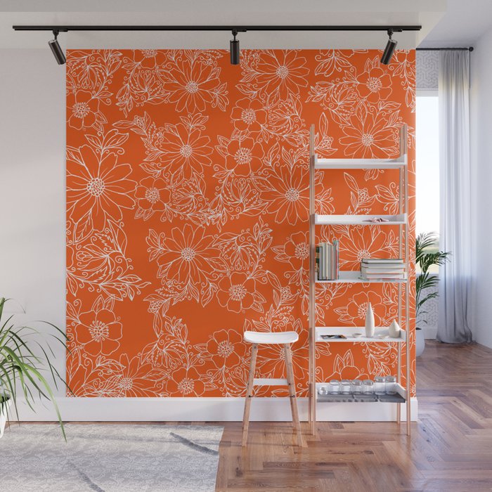 Hand drawn white bright orange modern floral Wall Mural Gallery Image 1