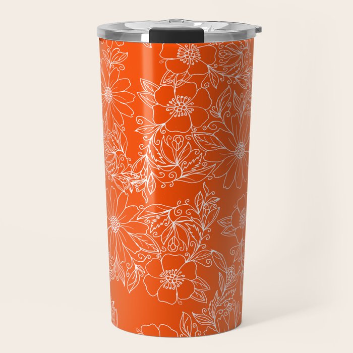 Hand drawn white bright orange modern floral Travel Mug Gallery Image 1
