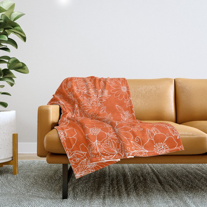 Hand drawn white bright orange modern floral Throw Blanket Gallery Image 1