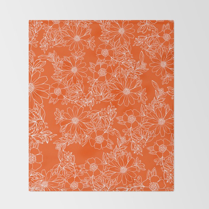 Hand drawn white bright orange modern floral Throw Blanket Gallery Image 2
