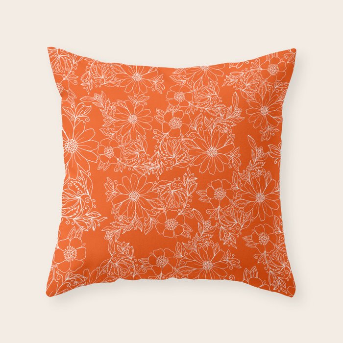Hand drawn white bright orange modern floral Throw Pillow Gallery Image 6