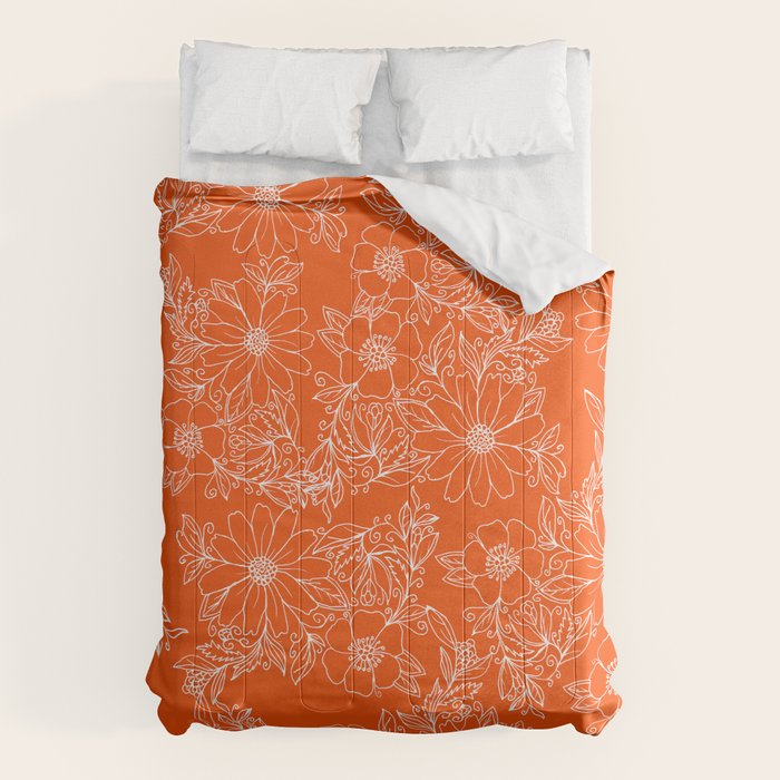 Hand drawn white bright orange modern floral Comforter Gallery Image 1