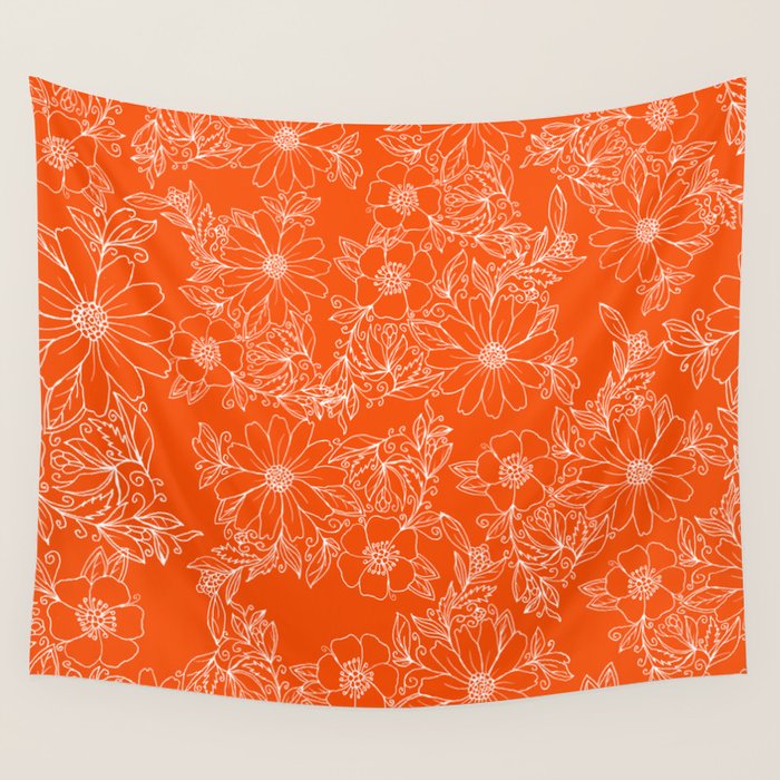 Hand drawn white bright orange modern floral Wall Tapestry Gallery Image 1
