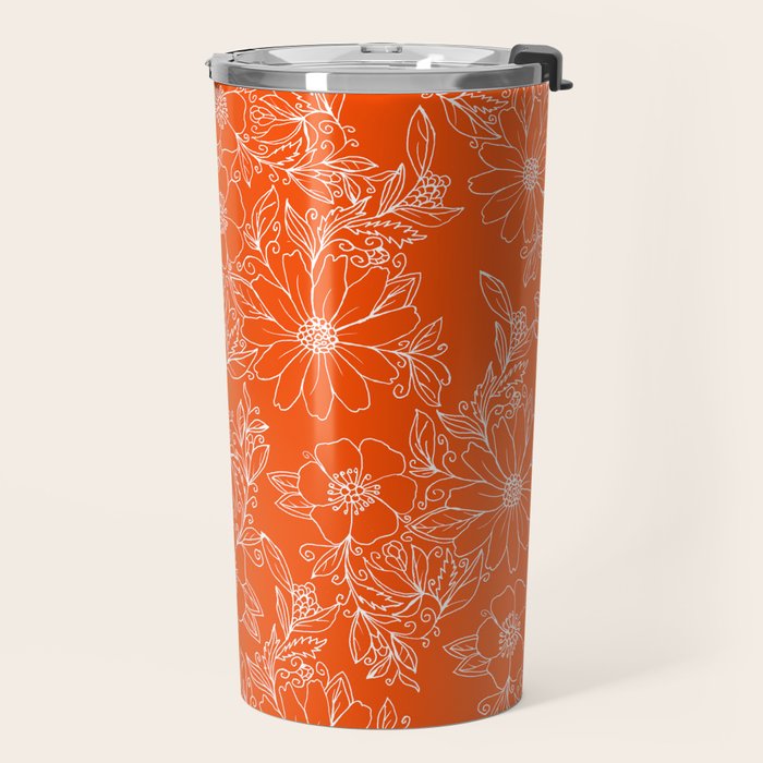 Hand drawn white bright orange modern floral Travel Mug Gallery Image 2