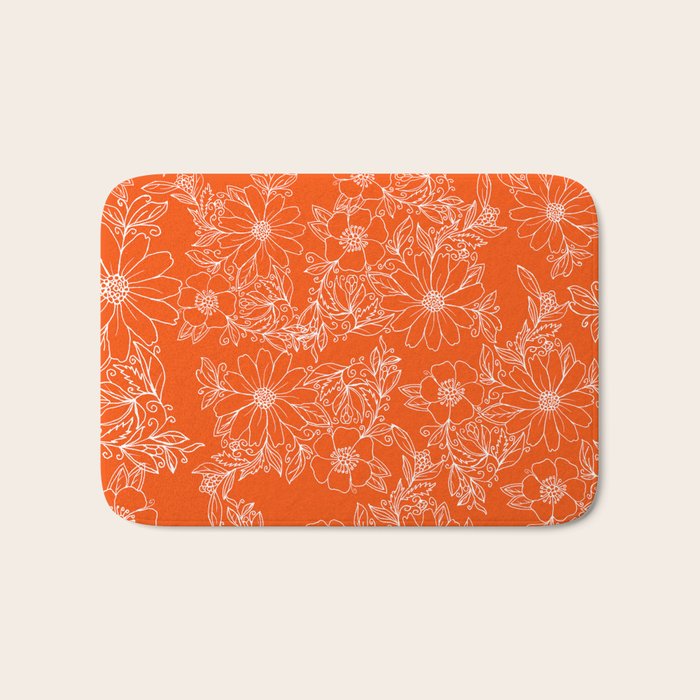 Hand drawn white bright orange modern floral Bath Mat Gallery Image 1