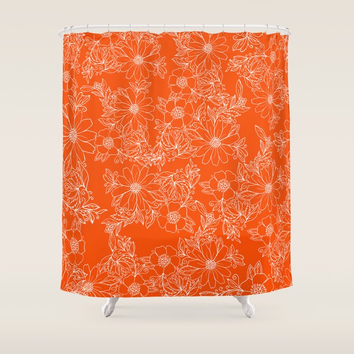 Hand drawn white bright orange modern floral Shower Curtain Gallery Image 1