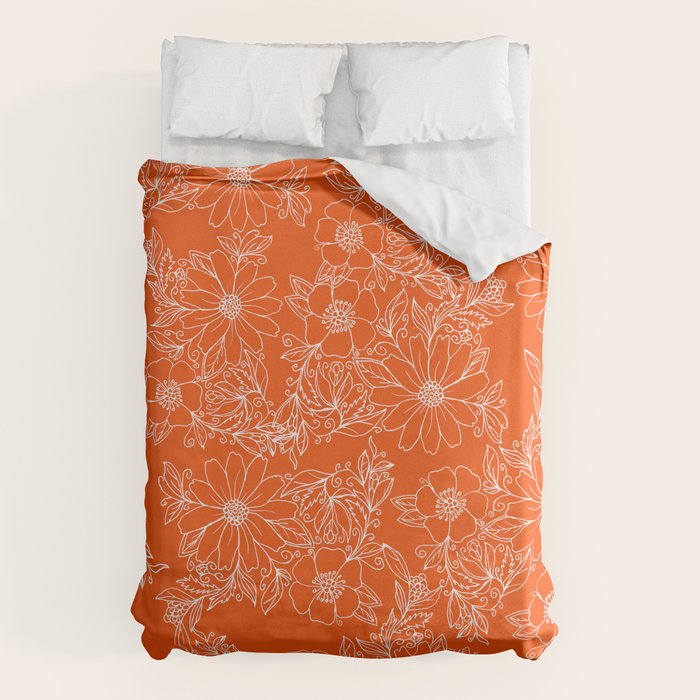 Hand drawn white bright orange modern floral Duvet Cover Gallery Image 6
