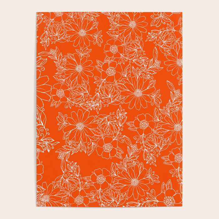Hand drawn white bright orange modern floral Poster Gallery Image 1