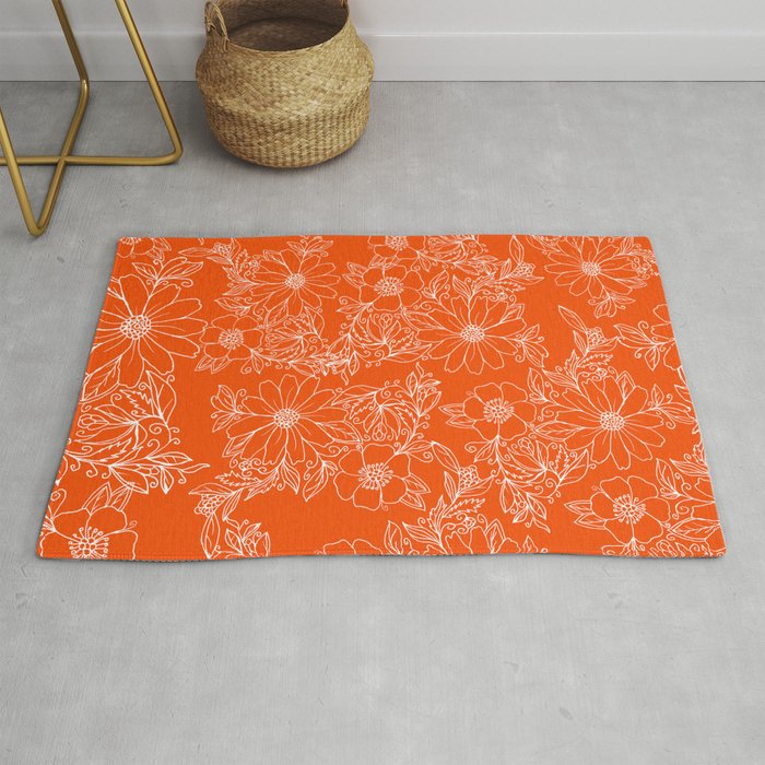 Hand drawn white bright orange modern floral Rug Gallery Image 1