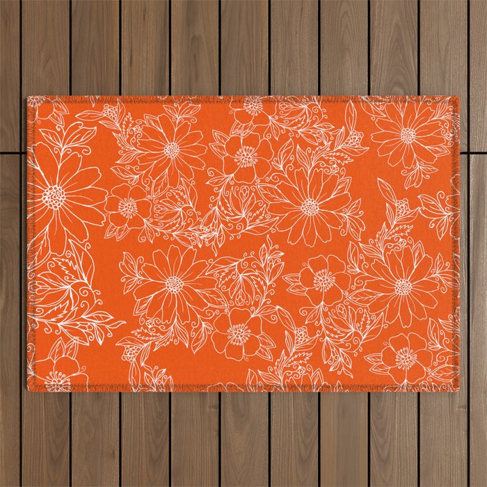 Hand drawn white bright orange modern floral Outdoor Rug Gallery Image 1