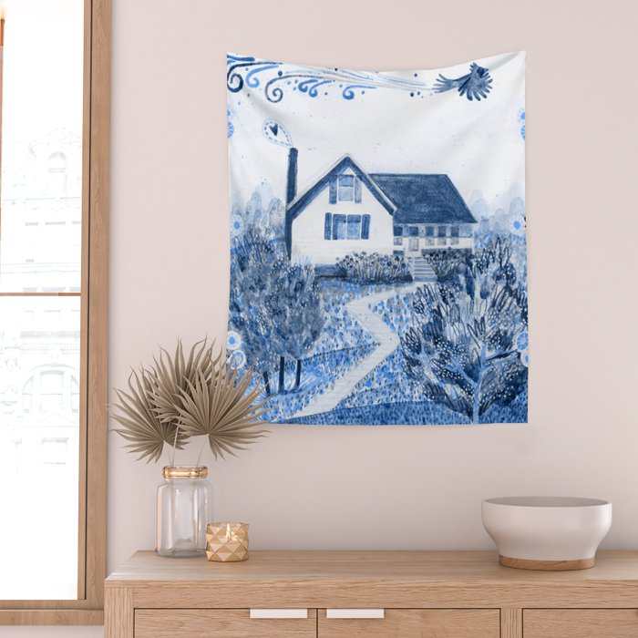 The Old Country Farm in Navy Blue - Farm House Decor Wall Tapestry Gallery Image 2