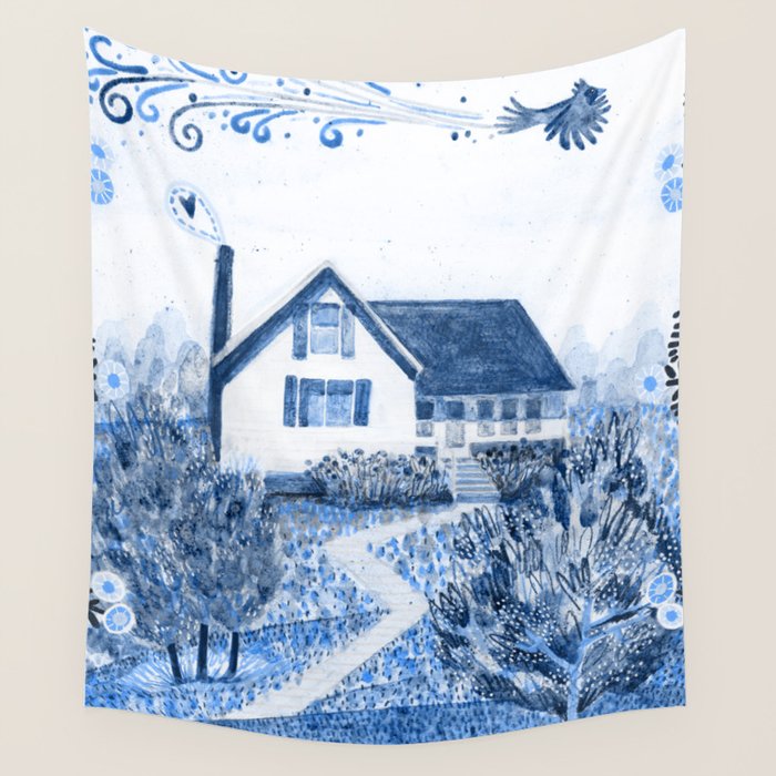 The Old Country Farm in Navy Blue - Farm House Decor Wall Tapestry Gallery Image 1