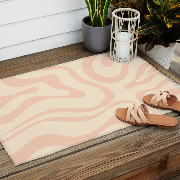 Modern Liquid Swirl Abstract Pattern in Pale Blush and Cream Outdoor Rug Gallery Image 2