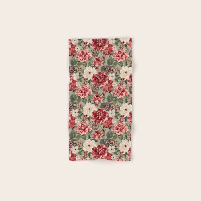 Vintage Christmas Floral on Sage Green Bath Towel Gallery Image 1