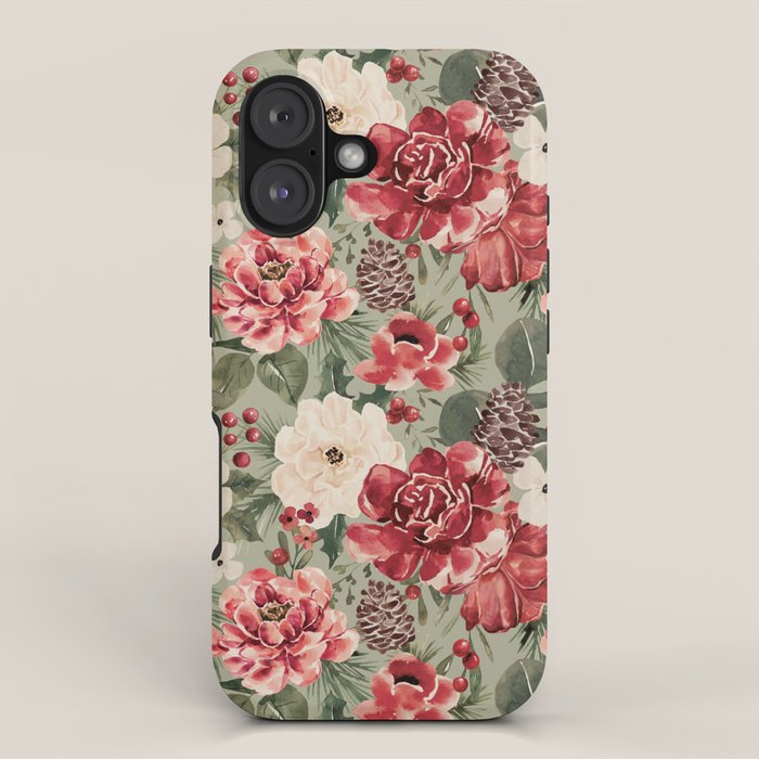 Vintage Christmas Floral on Sage Green iPhone Case Gallery Image 1