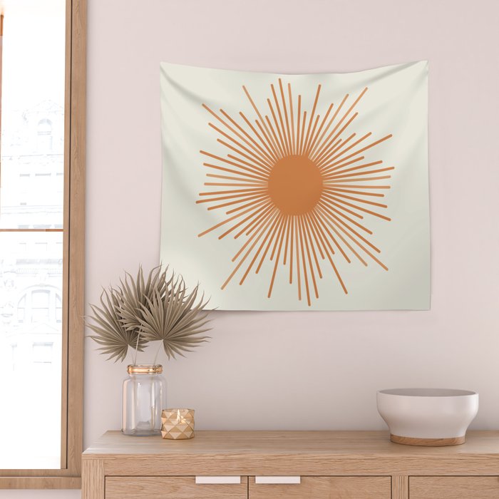 Retro Minimalist Sun in Orange and Off White Cream Wall Tapestry Gallery Image 2