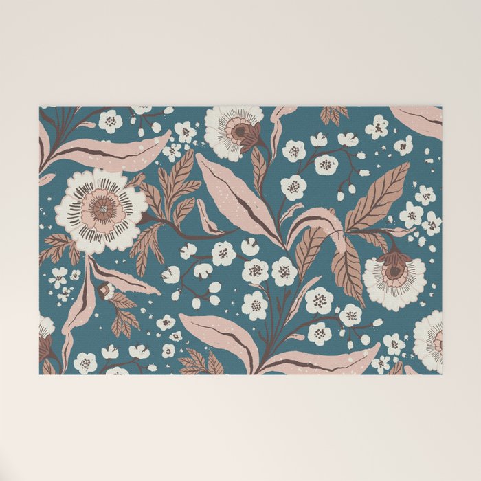 Mocha Mousse and Teal Winter Floral Pattern Elegant Vintage Botanical Design  Welcome Mat Gallery Image 1