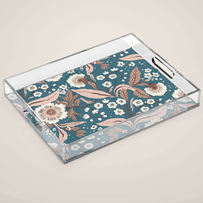 Mocha Mousse and Teal Winter Floral Pattern Elegant Vintage Botanical Design  Acrylic Tray Gallery Image 1
