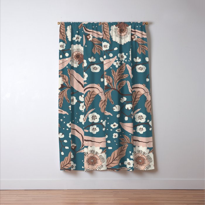 Mocha Mousse and Teal Winter Floral Pattern Elegant Vintage Botanical Design  Window Curtain Gallery Image 3