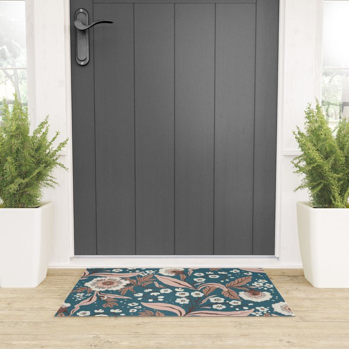 Mocha Mousse and Teal Winter Floral Pattern Elegant Vintage Botanical Design  Welcome Mat Gallery Image 3